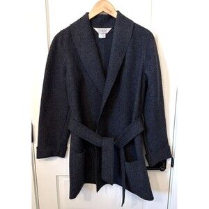 Vtg Y2K L.L. Bean Women Wool Blend Wrap Coat Cardigan M Gray Belted Shawl Collar